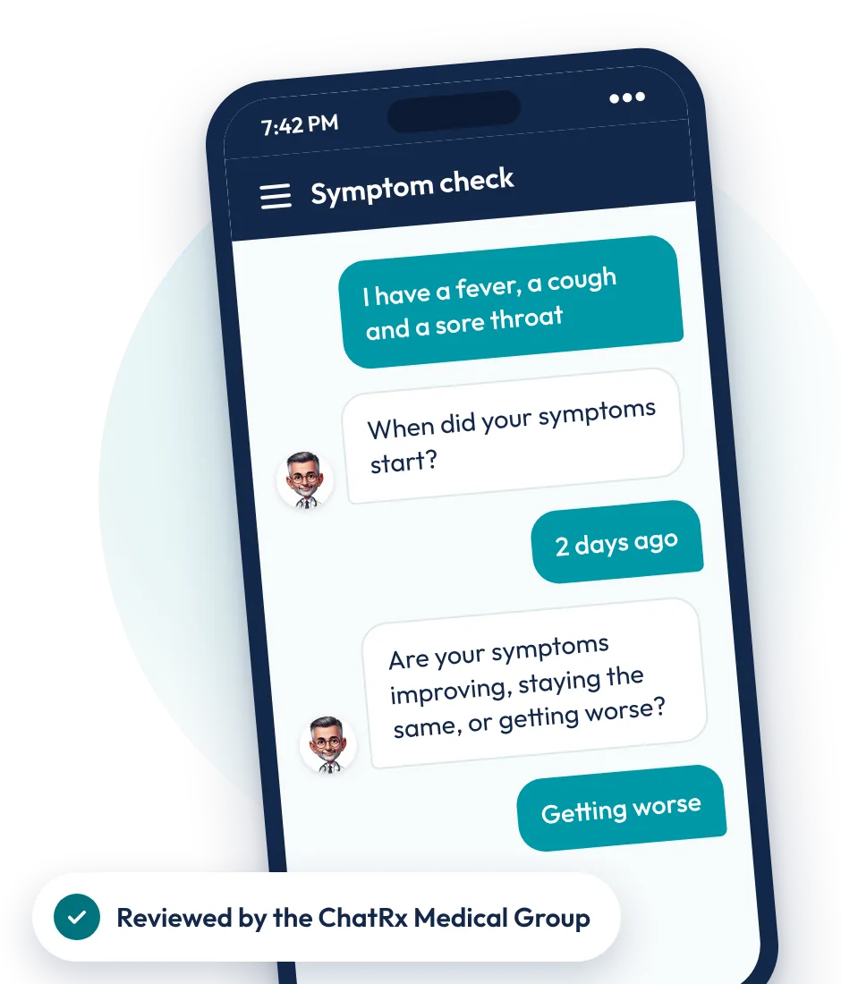 Phone showing a ChatRx symptom check: fever, cough and sore throat, getting worse. Reviewed by the ChatRx Medical Group.