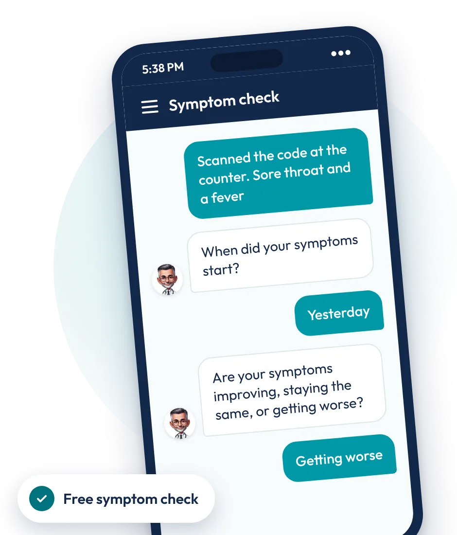 Phone showing a ChatRx symptom check started from a QR code at a store counter. Free symptom check.